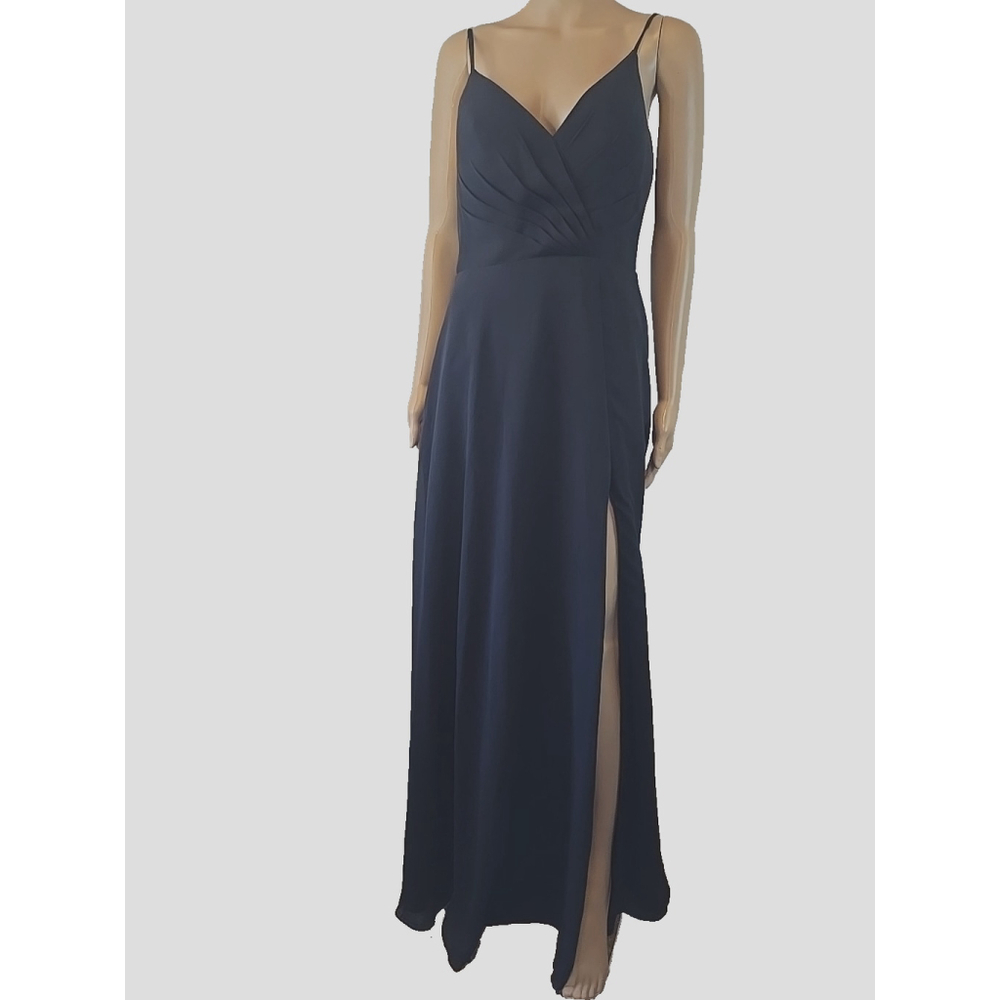 Azazie Black Bridesmaid Dress A6 Floor Length Slit Formal Gown Pockets - Picture 3 of 12